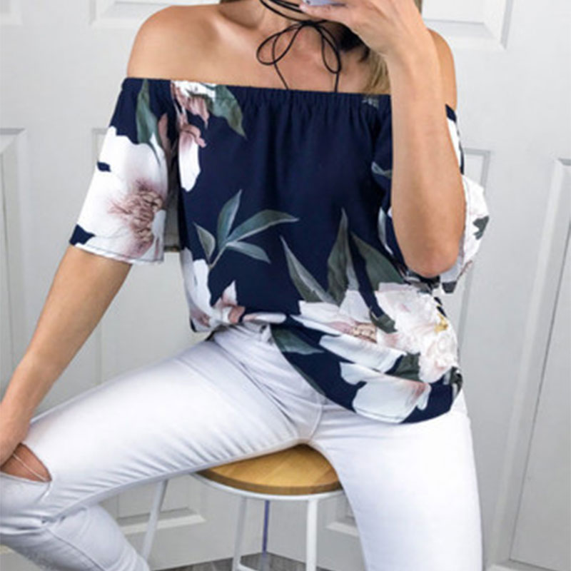 New Women Summer Cold Shoulder T-Shirt Casual Loose Flower Printed Tops ...
