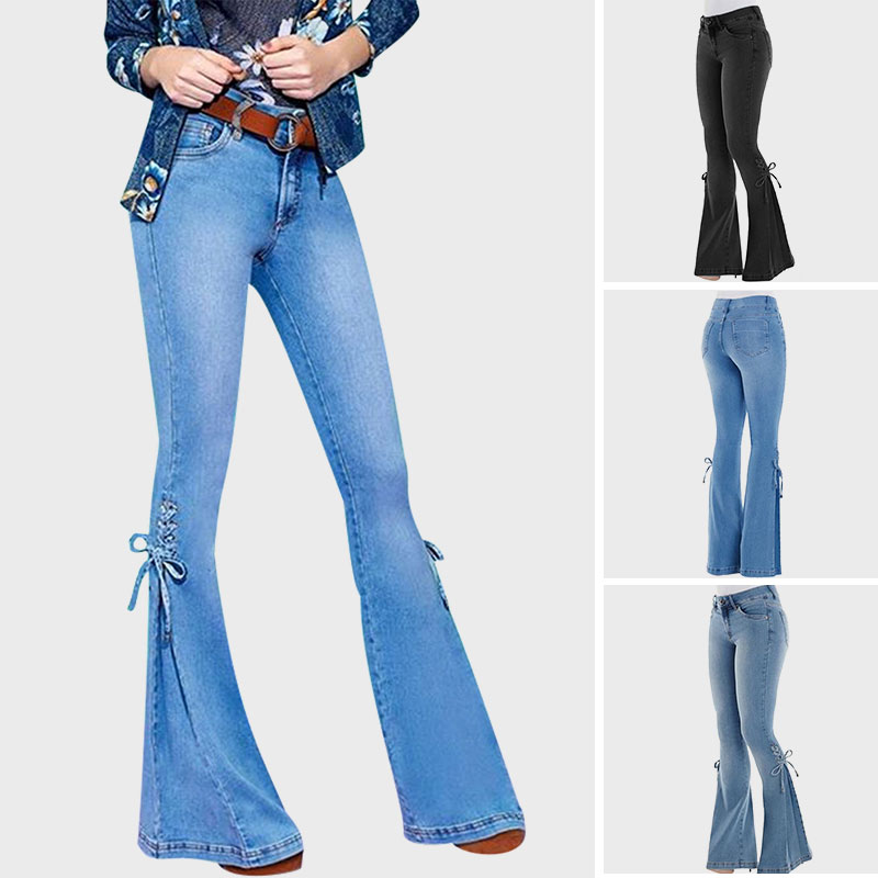 Ladies High Waist Denim Jeans Flare Wide Leg Trousers Lace Up Bell ...