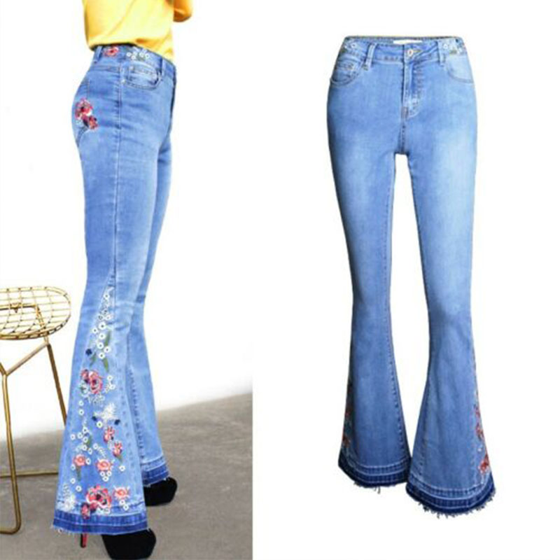 Womens Ladies Flared Bell Jeans Bottom Stretchy Casual Denim Pants Trousers Size