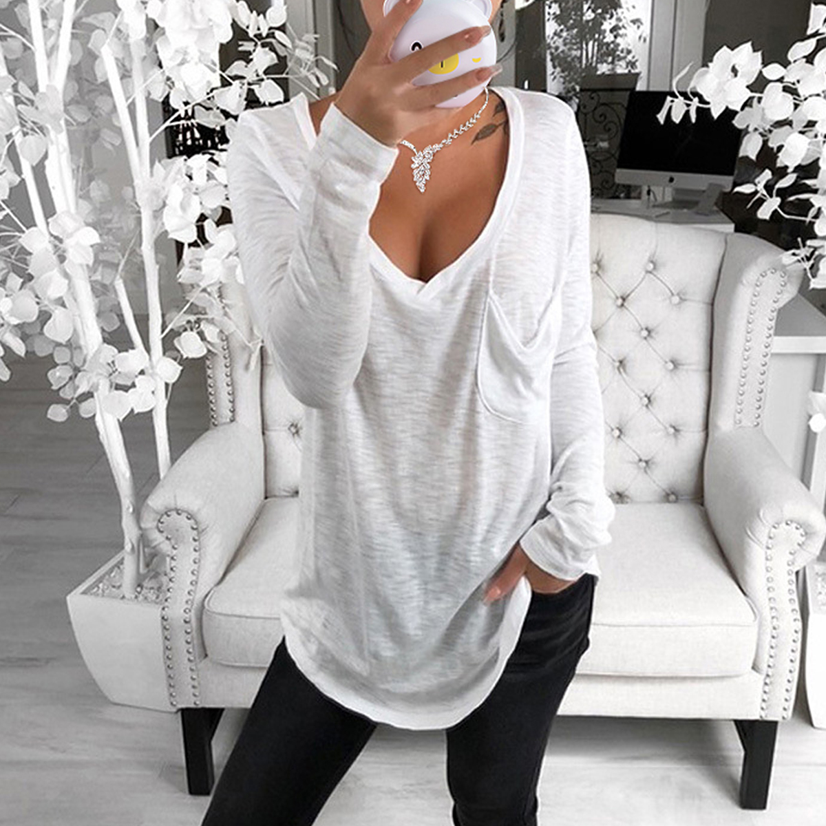 Plus Size Women Button Long Sleeve T Shirt V Neck Oversized Loose Blouse Tops - Picture 15 of 20