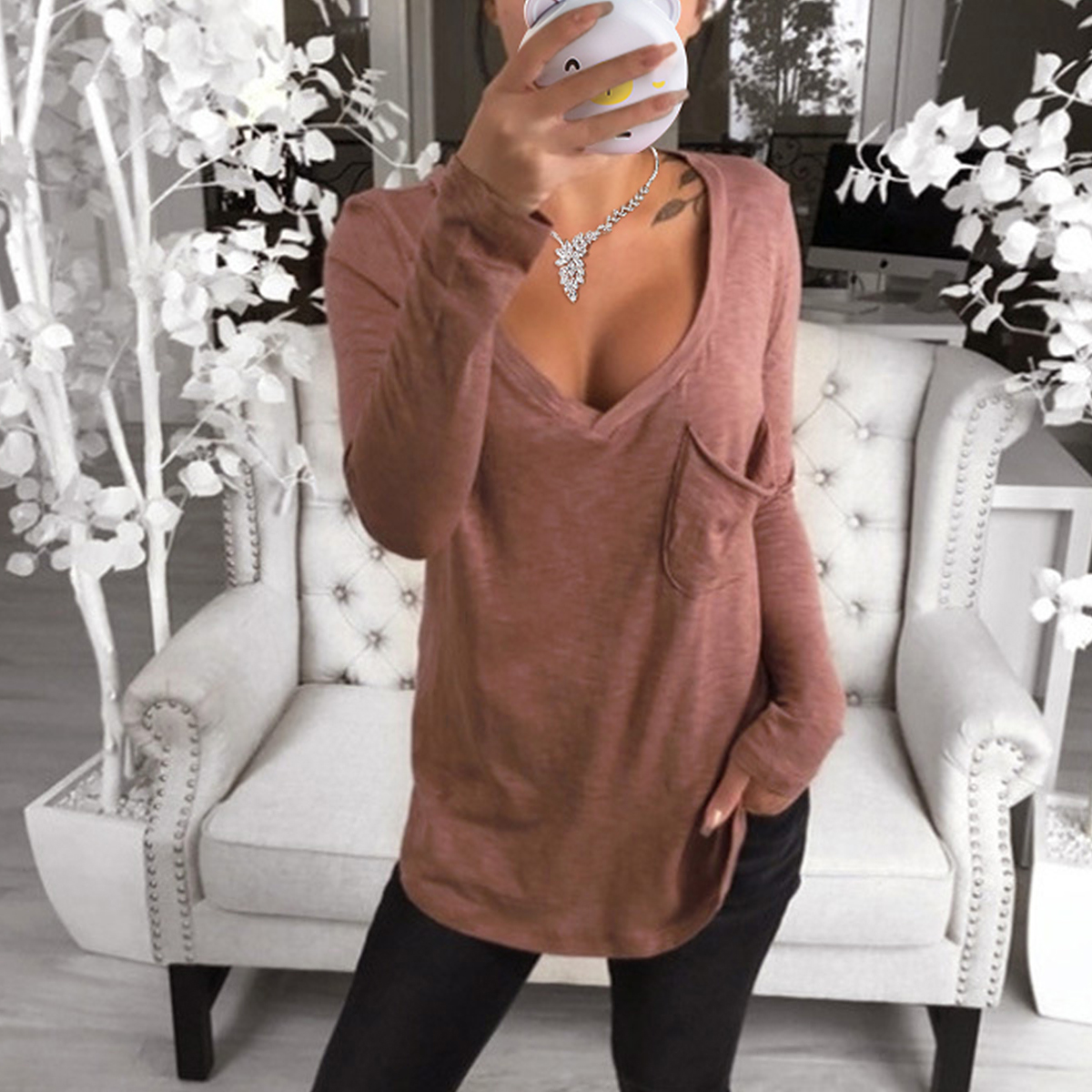 Plus Size Women Button Long Sleeve T Shirt V Neck Oversized Loose Blouse Tops - Picture 19 of 20