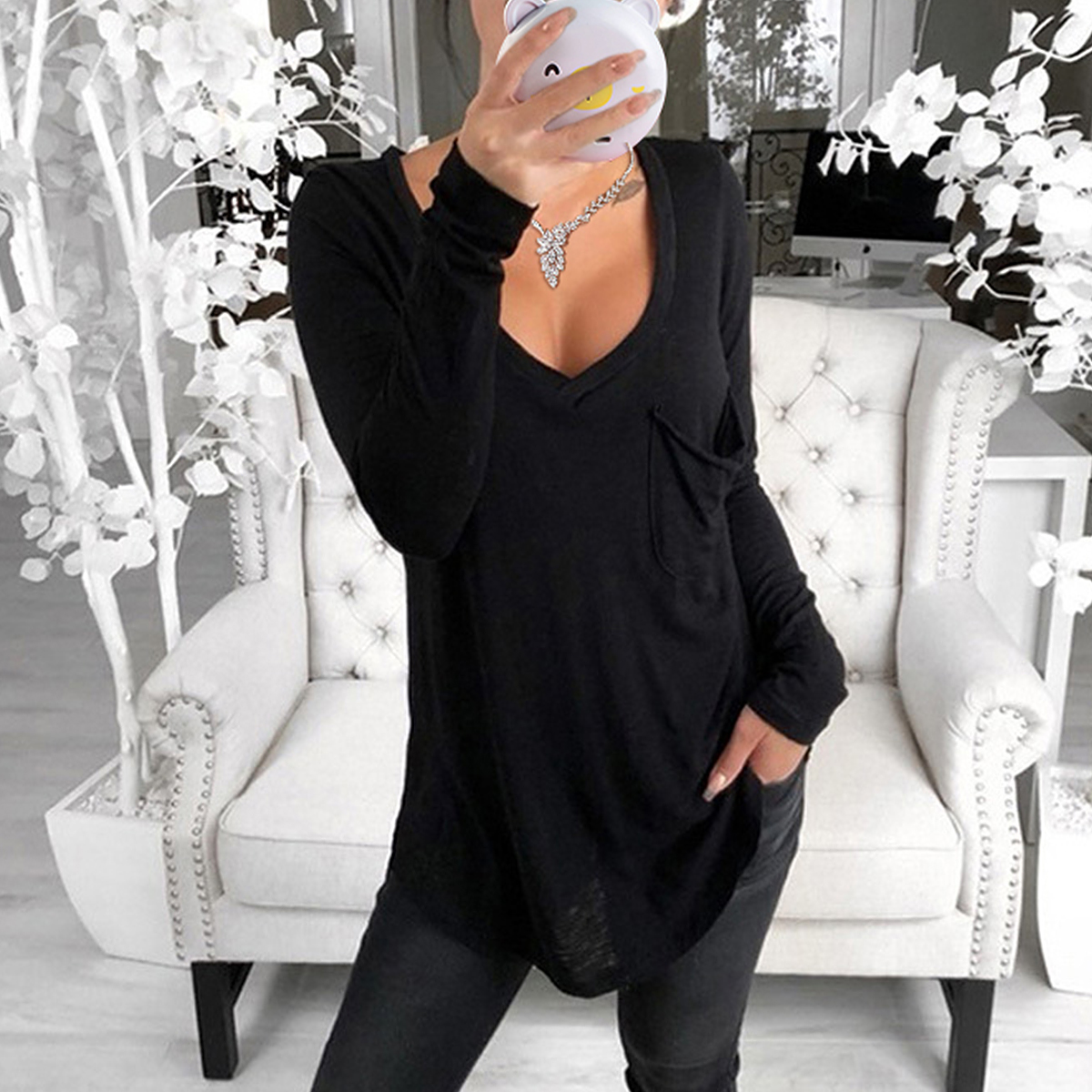 Plus Size Women Button Long Sleeve T Shirt V Neck Oversized Loose Blouse Tops - Picture 9 of 20