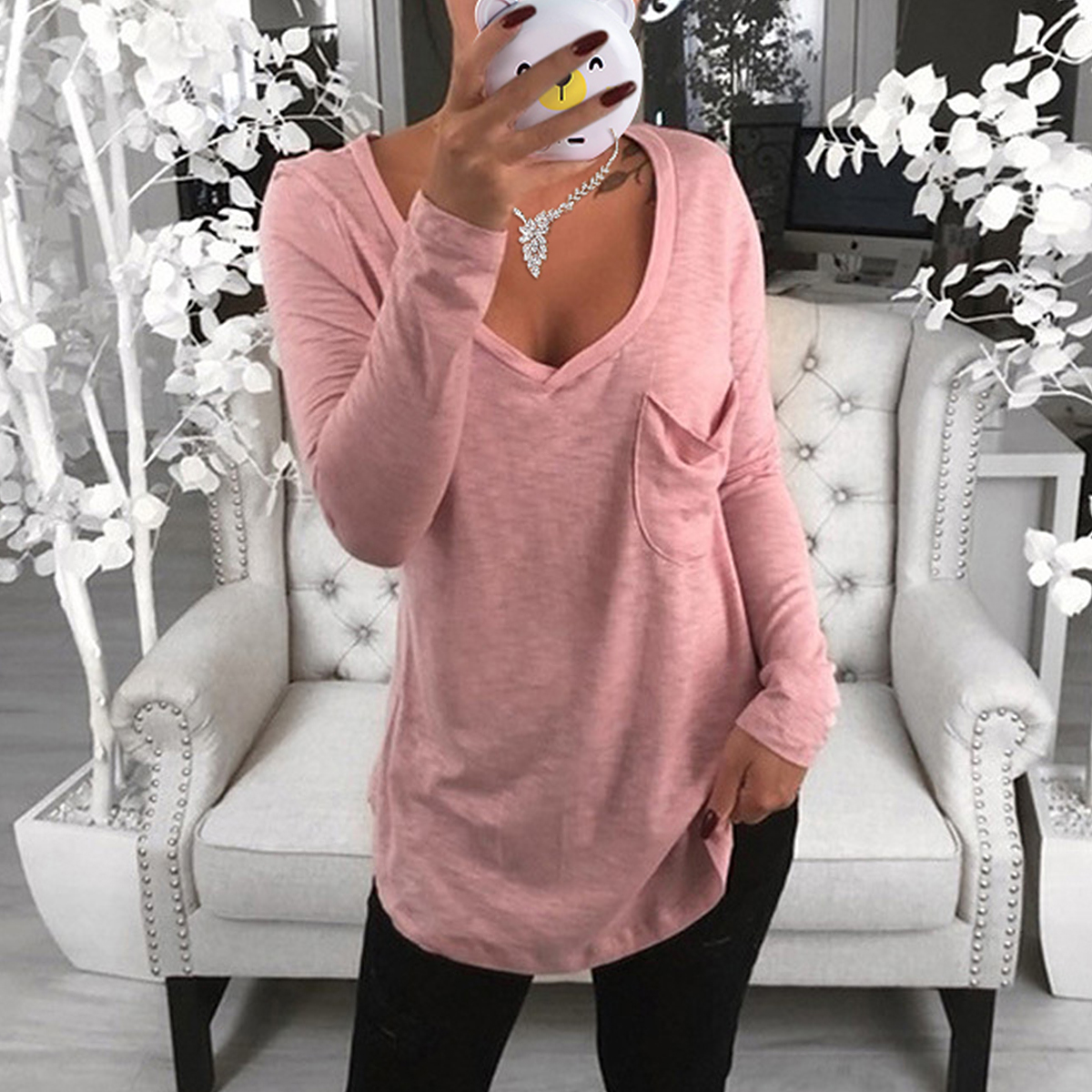 Plus Size Women Button Long Sleeve T Shirt V Neck Oversized Loose Blouse Tops - Picture 13 of 20