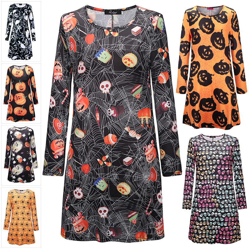 Womens Ladies Halloween Fancy Pumpkin Round Neck Long Sleeve Swing Mini Dress