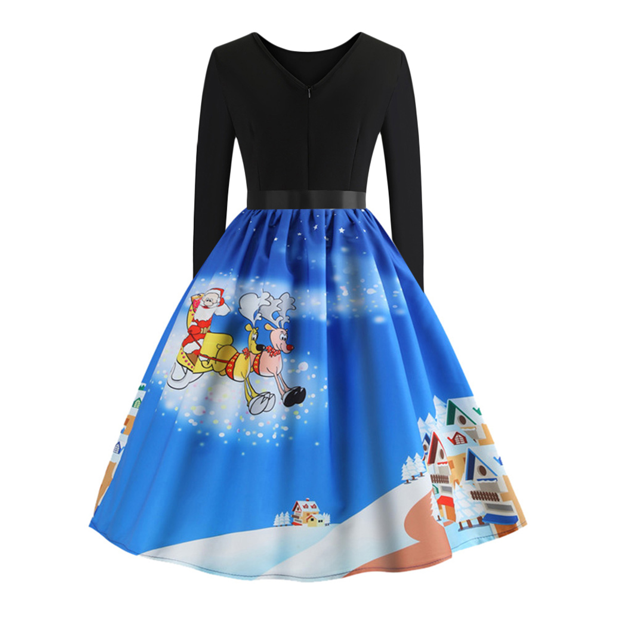 Womens Vintage Christmas Print Swing Dress Ladies Long Sleeve Party Skater Dress