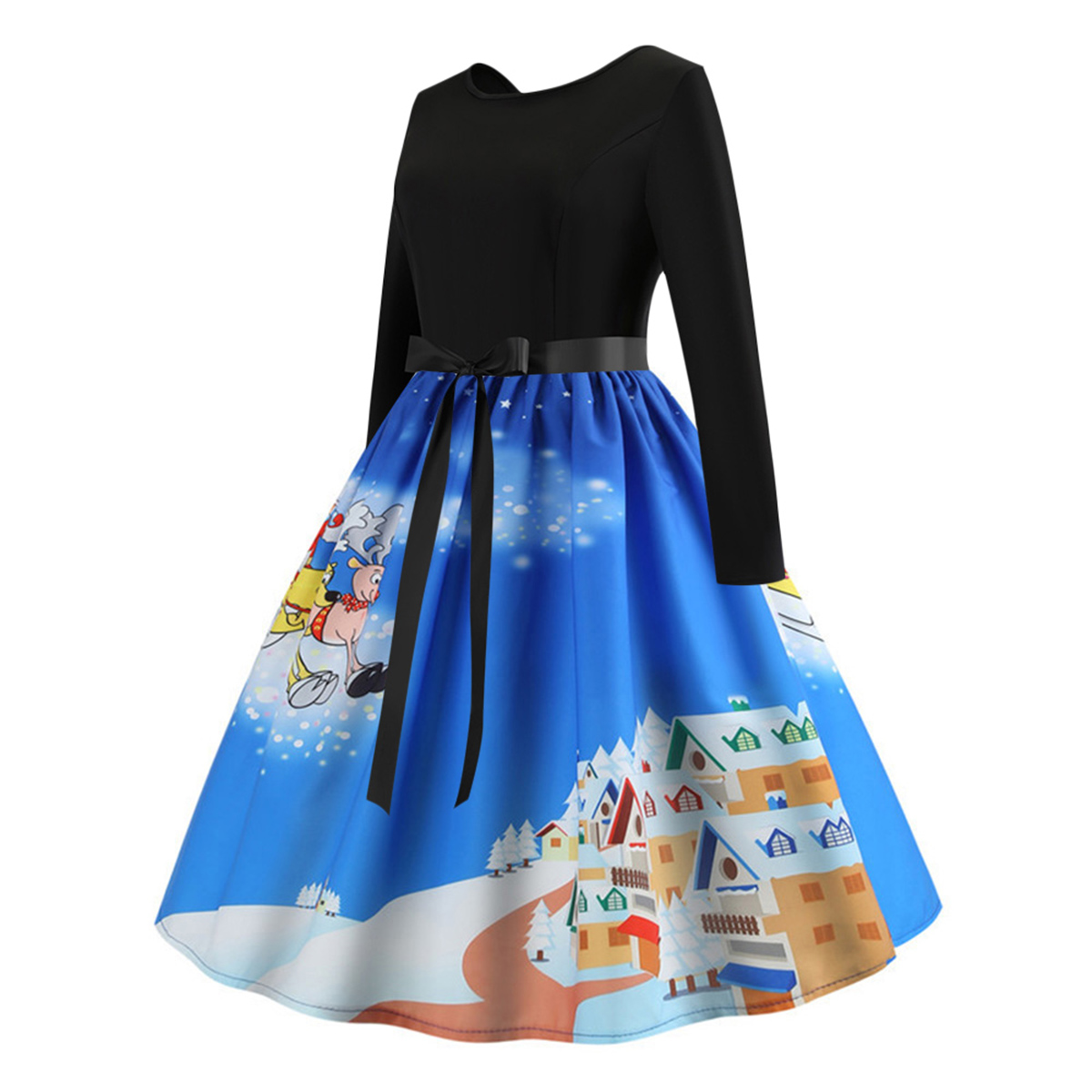 Womens Vintage Christmas Print Swing Dress Ladies Long Sleeve Party Skater Dress