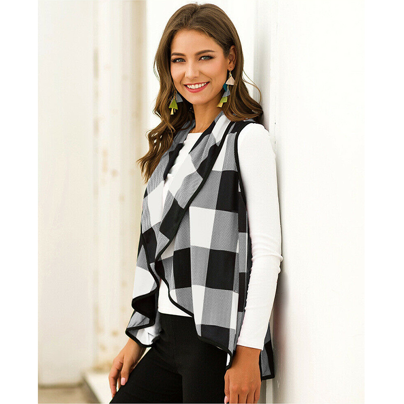 S2XL Women Sleeveless Plaid Check Fashion Vest Jacket Cardigan Blouse