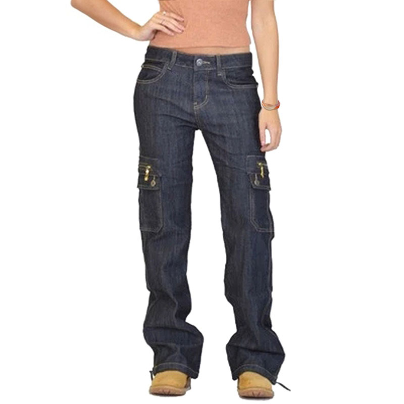 Womens Plain Cargo Trousers Casual Pants Loose Jeans Pockets High Waist ...