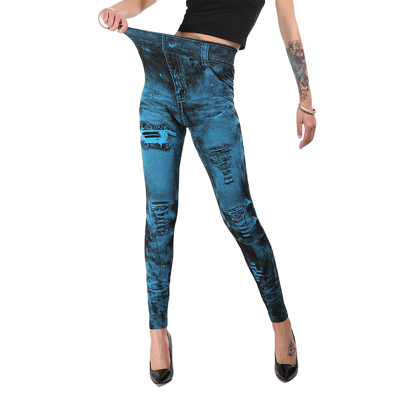 Women Faux Denim Jeans Look Ripped Hole 