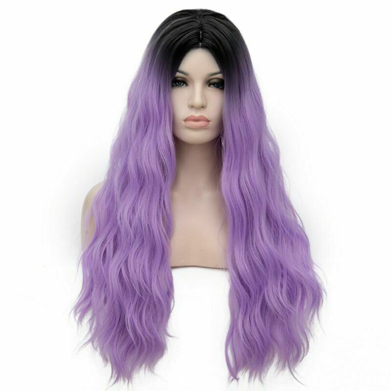 Lolita 28" Long Gray Purple Mixed Pink Curly Anime Cosplay Wig Heat Resistant 