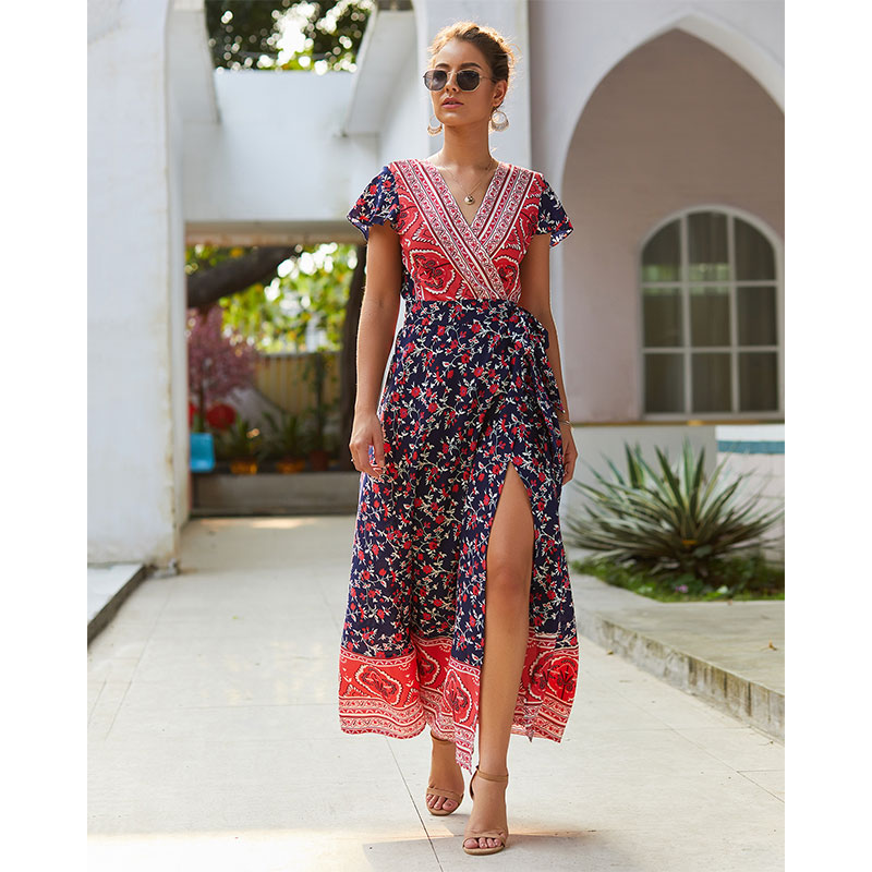 Boho Floral Printed V-Neck Short Sleeve Summer Holiday Beach Casual Midi Dress