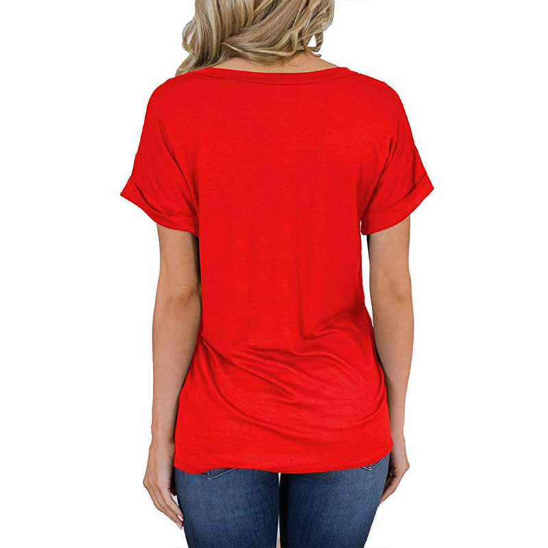 NKOOGH V Neck Top Red Top Women Loose Ladies Chain Sling Printed Imitation  Cotton Short Sleeved T Shirt Blouse L 