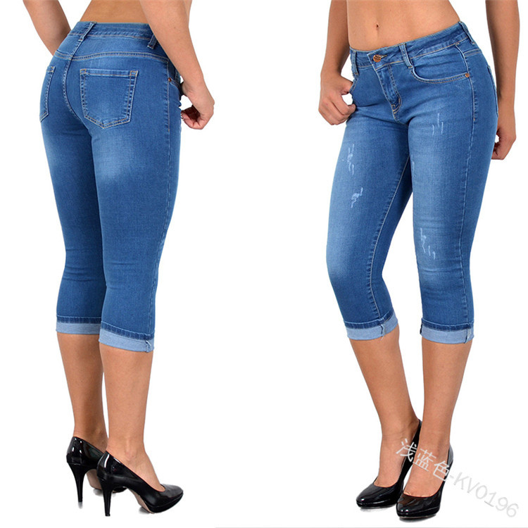 Women 3/4 Cropped Skinny Jeans High Waist Casual Denim Pant Slim Fit ...