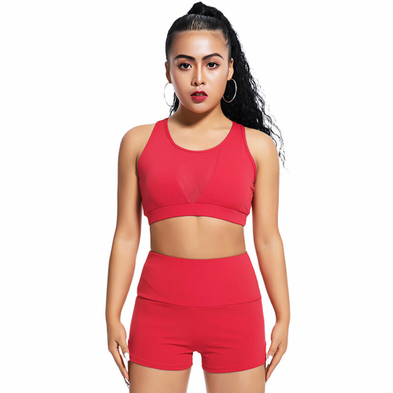 Women Fitness Mesh Vest Crop Top Shorts Set Running Gym Yoga 2pcs