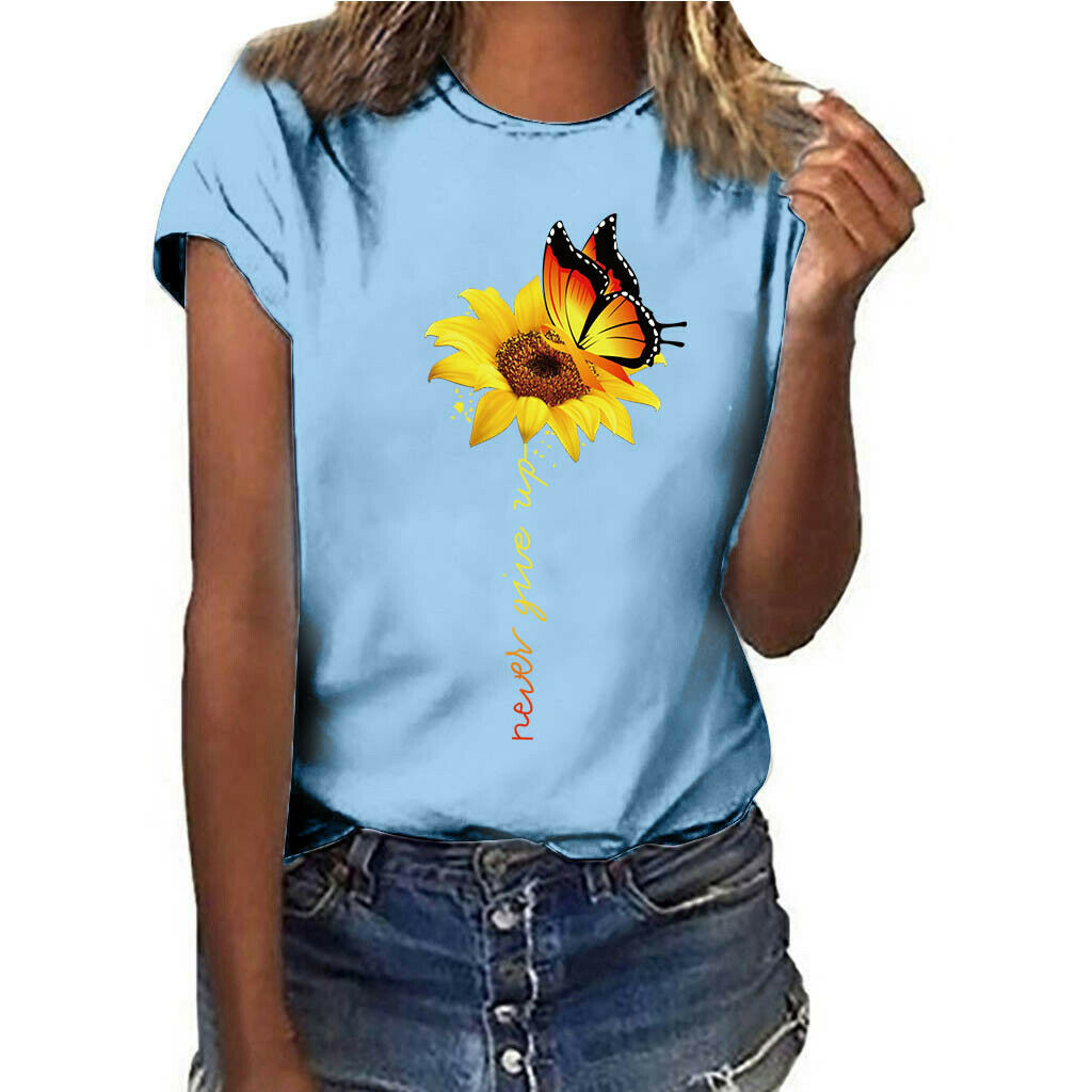 Sunhusing Womens Crew Neck Short Sleeve Sunflowers Print Casual Blouse Tops Loose Plus Size Pullover T-Shirt