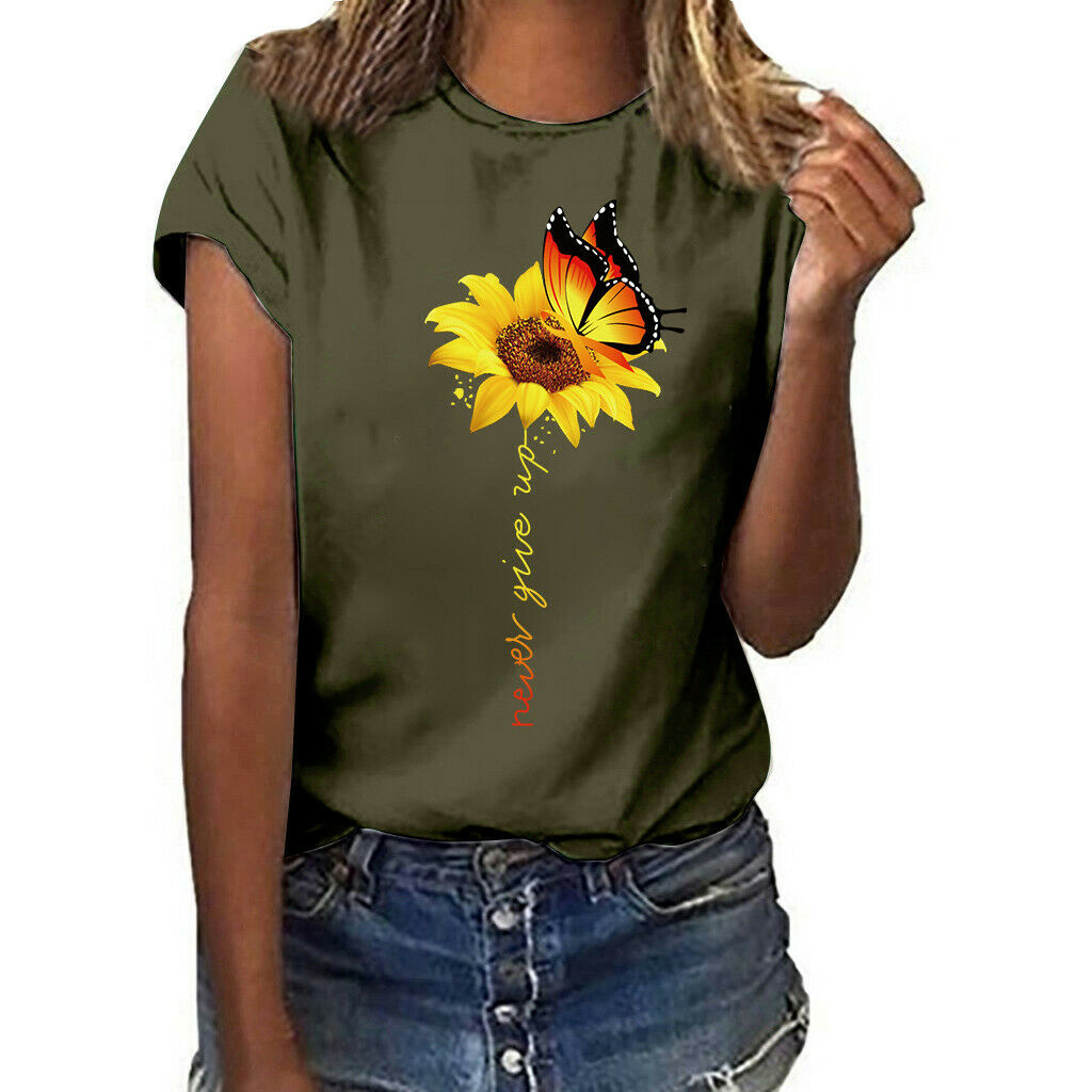 Women Sunflower Tops Ladies Short Sleeve Crew Neck Casual Blouse Shirt ...
