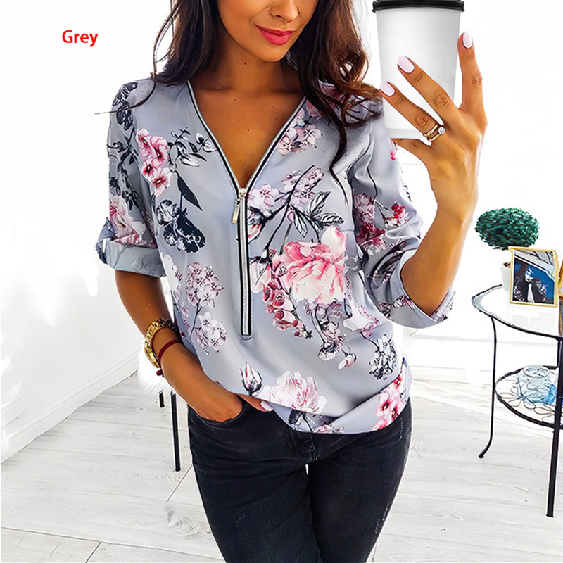 Plus Size Womens V Neck Printed Blouse Summer Casual Long Sleeve Tops T-shirt