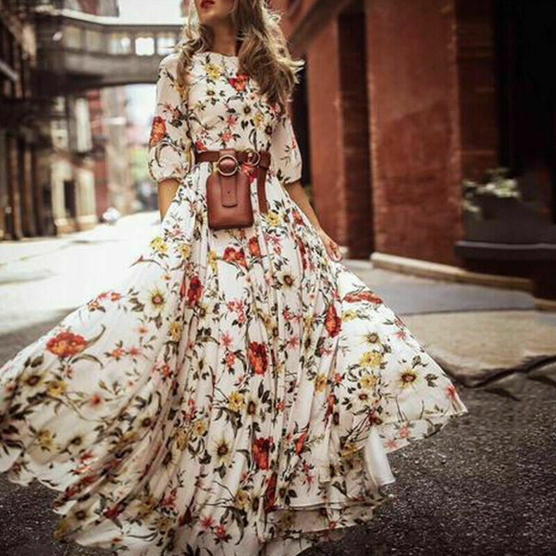 Babaseal Womens V Neck Boho Summer Print Floral Swing Maxi Dress 