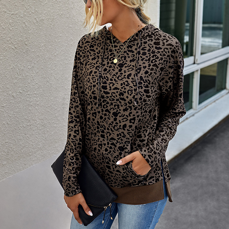 Women Hoodies Leopard Printed Long Sleeve Hooded Tops Side Slit Sweater ...