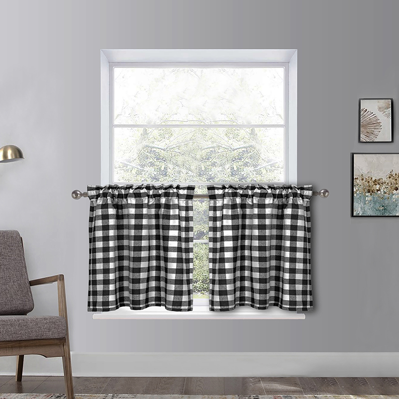 Plaid Checkered Crochet Cotton Blend 3PC Window Curtain Kitchen Tier & Valance 