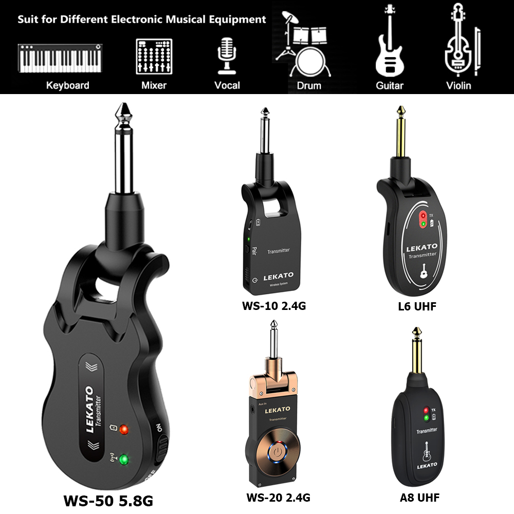 LEKATO 2.4GHz Wireless Guitar Transmitter Receiver 6 Channels Audio Guitar System Rechargeable for Electric Guitar Bass Violin Keyboard Black & Black 