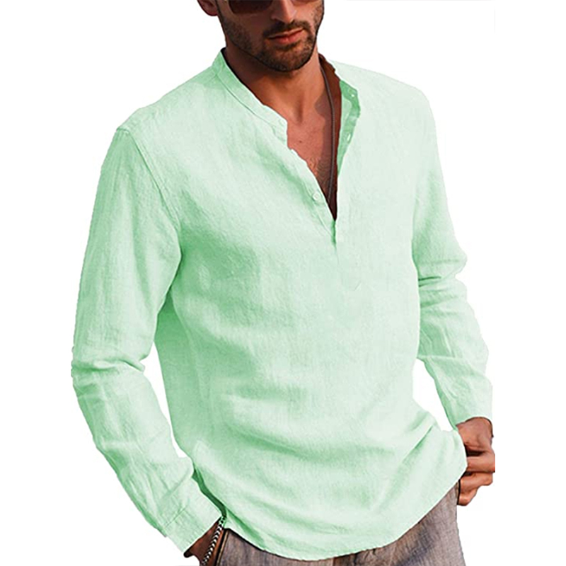 Mens Henley Cotton Linen Shirts Soft Casual Long Sleeve V Neck Solid