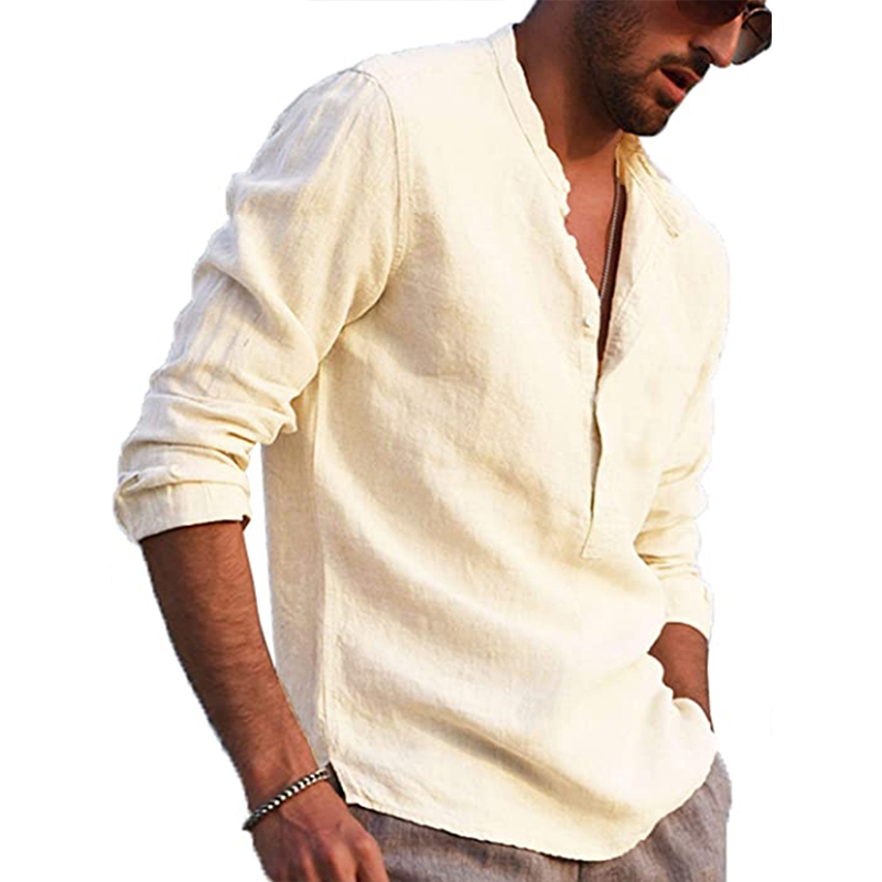 Mens Henley Cotton Linen Shirts Soft Casual Long Sleeve V Neck Solid Button  Tops