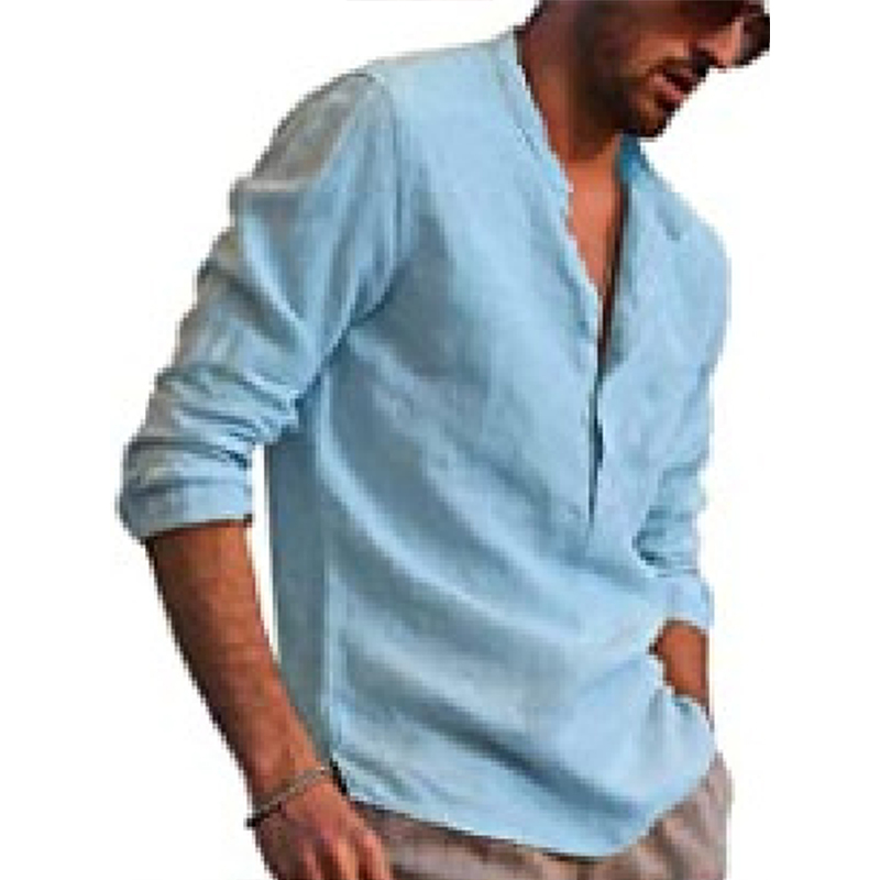 Mens Henley Cotton Linen Shirts Soft Casual Long Sleeve V Neck Solid