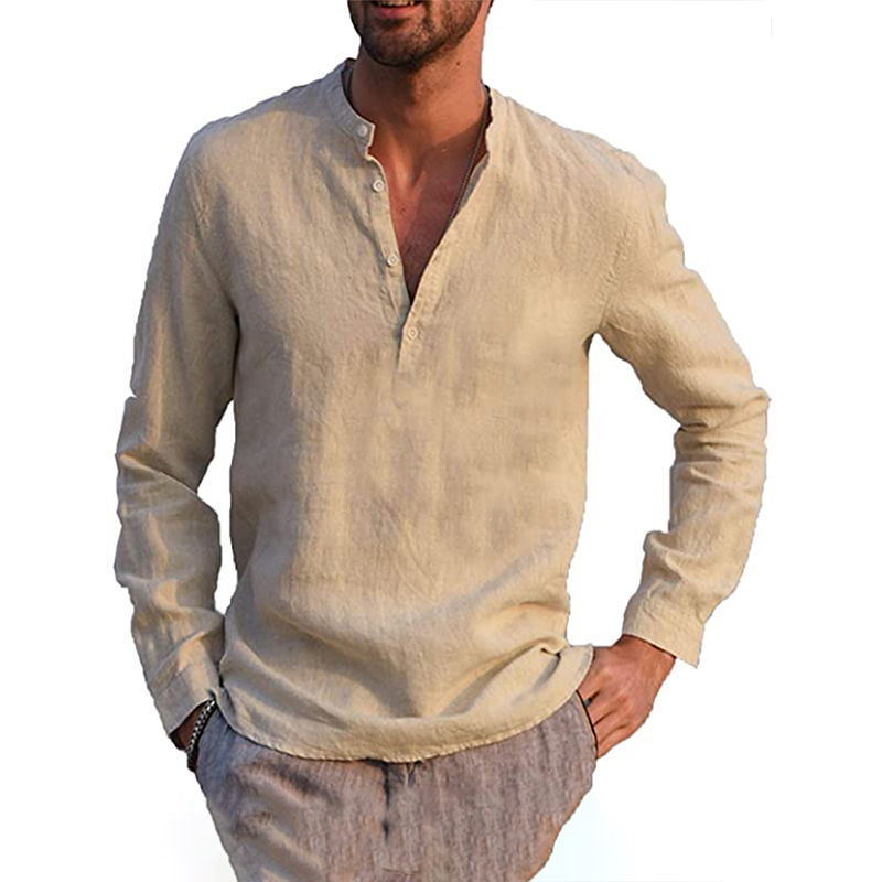 Mens Henley Cotton Linen Shirts Soft Casual Long Sleeve V Neck Solid Button Tops | eBay