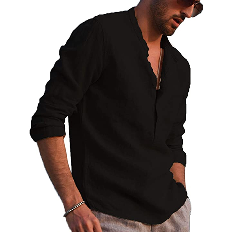 Mens Henley Cotton Linen Shirts Soft Casual Long Sleeve V Neck Solid ...