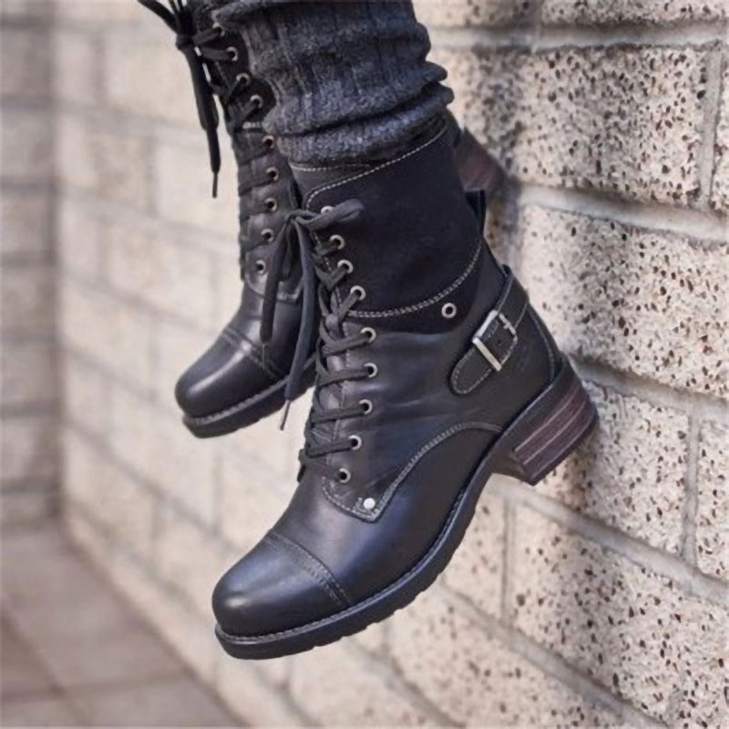 Military Womens Retro Black Leather Combat Ankle Boots Shoes US Sz 5-11 Ridding 