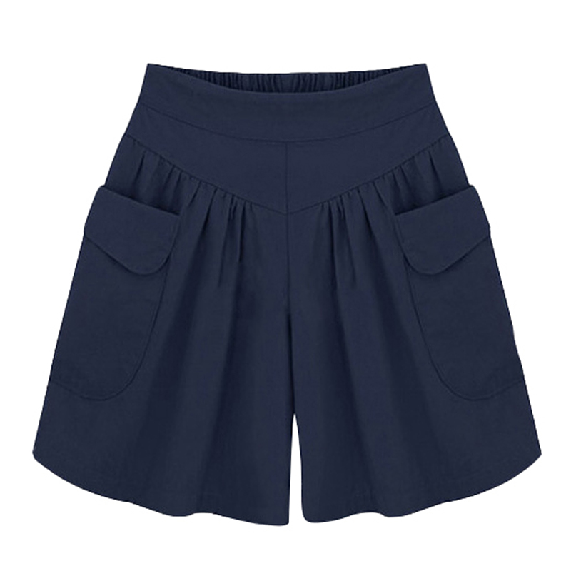 Womens Plus Size Pleated Elastic Waist Shorts Ladies Wide Leg Pocket ...