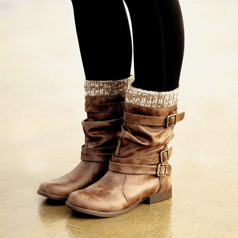 mid calf low heel leather boots