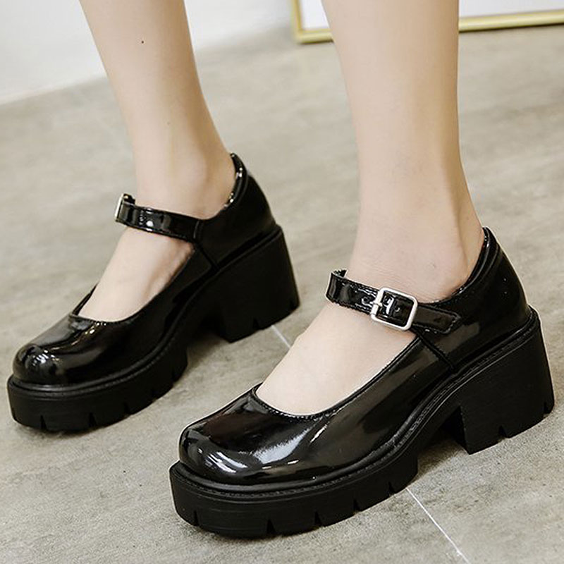 Women's Mary Jane School Shoes Height Increasing Chunky Heel Ankle ...
