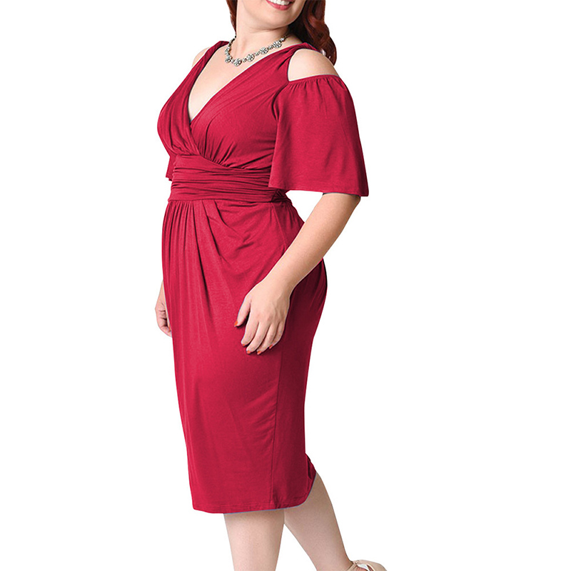 Womens Cold Shoulder V Neck Midi Dress Ladies Sexy Evening Party