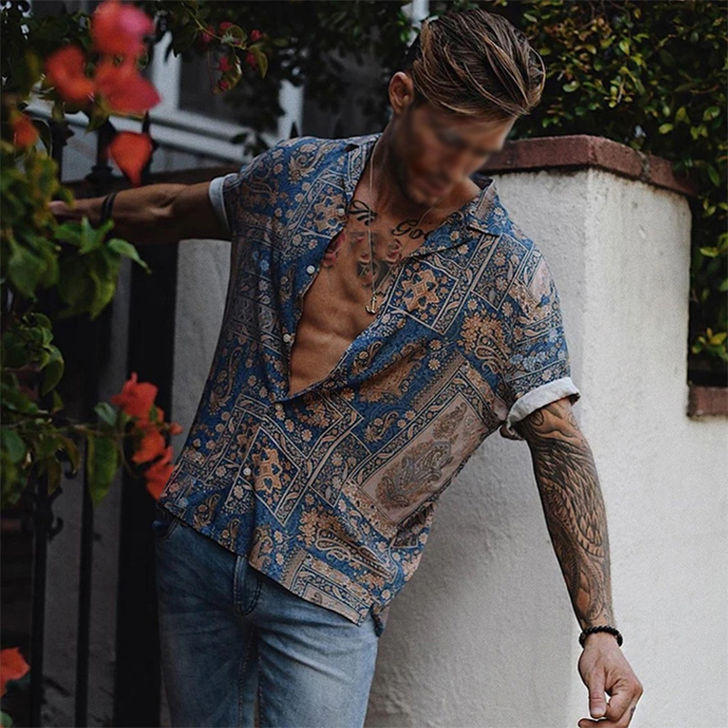 Tootless-Men Leisure Floral Lapel Stylish Short Sleeves Button Down T-Shirt Top 