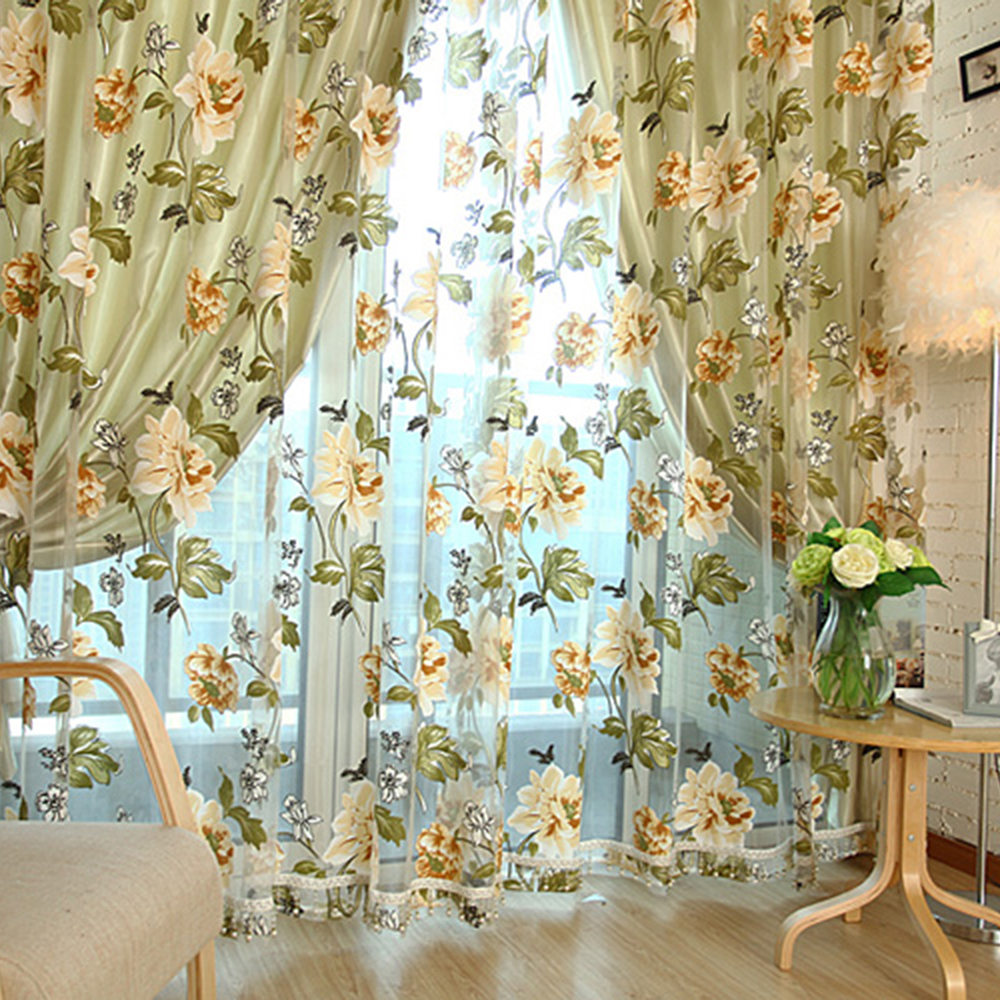 Floral Printed Window Curtain Grommet Voile Sheer Room Door Tulle Scarf ...