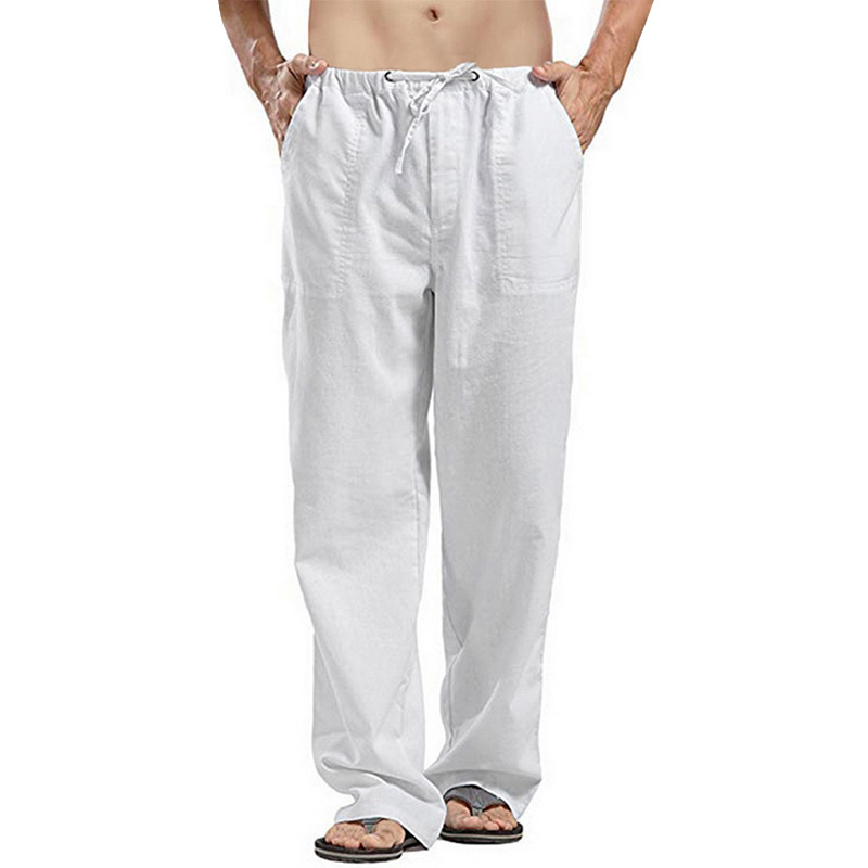 Men Cotton Linen Pocket Trousers Casual Drawstring Baggy Straight Leg Long Pants 