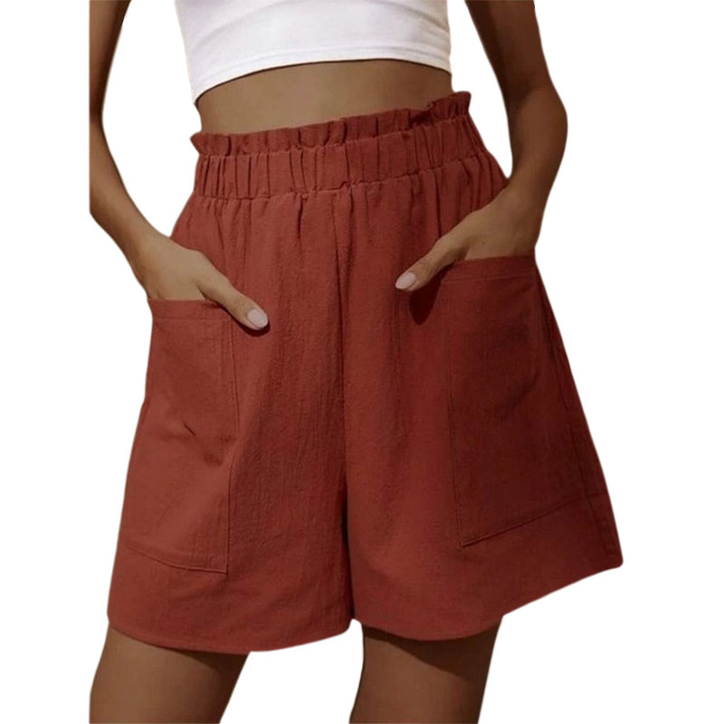 Womens Elastic Waist Casual Shorts Ladies Cotton Linen Pocket Summer Short  Pants