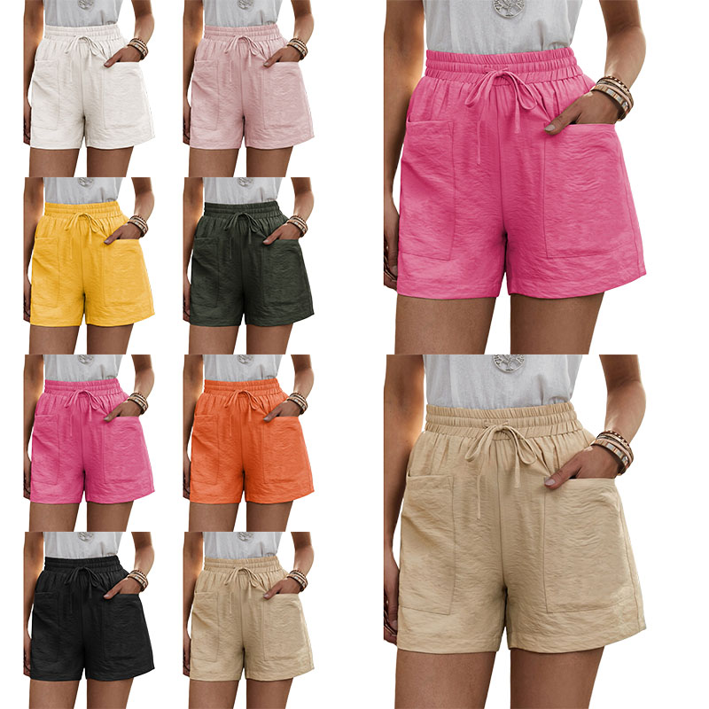 Womens Elasticated Linen Cargo Shorts Lady Casual Wide Leg Plain