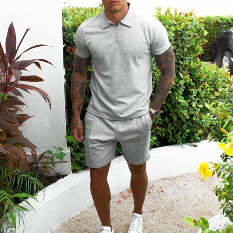 2PCS Mens Summer Short Sleeve Collar Shirt+Shorts Plain sport travel clothes  set
