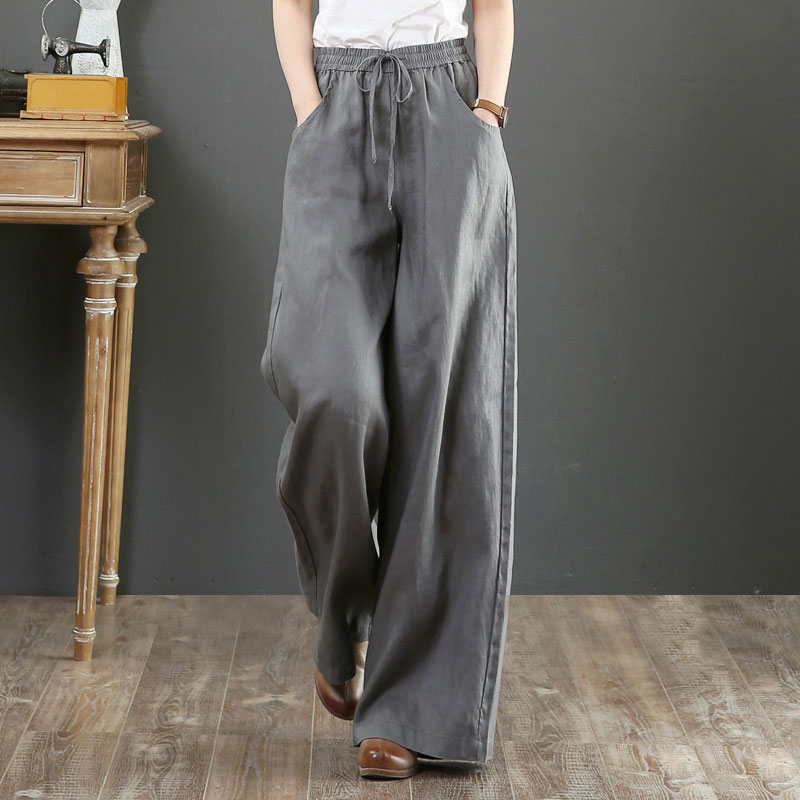 Buy Gray Linen Slub Silk Women Pant with Loose Belt-33229
