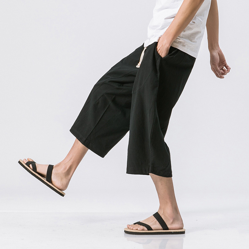 Summer Cotton And Linen Cropped Pants Men's Loose Solid Color