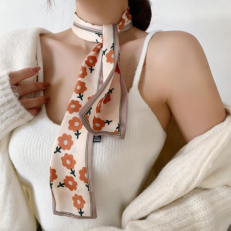 TWDYC Square Scarf Hair Tie Print Satin Silk Scarf Head Scarf for Women  Small Long Strip Silk Scarf (Color : A, Size : 14150CM)