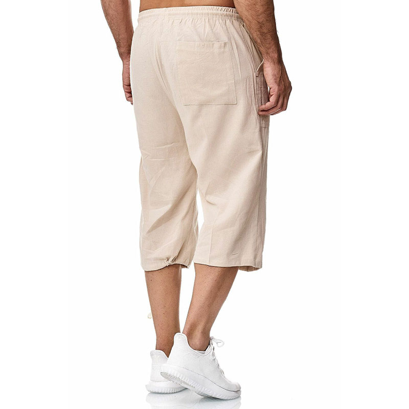 Mens Cotton Linen Plain Trousers Casual Elasticated Baggy 3/4 Long ...