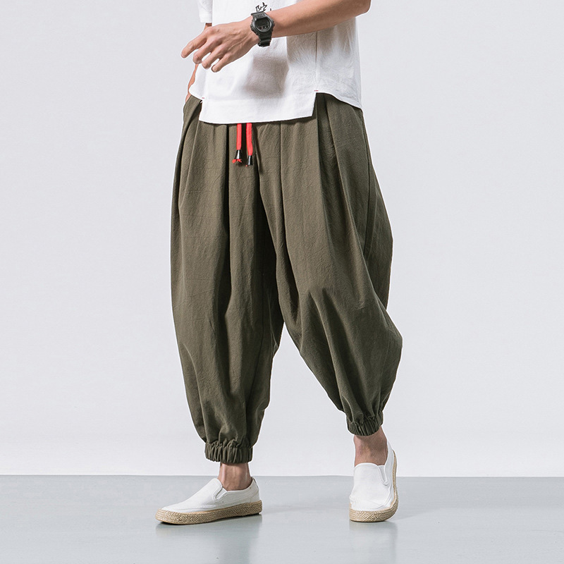 Summer Mens Casual Solid Color Pants Loose Wide Leg Trousers Drawstring Joggers