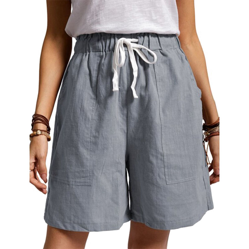 Womens Cotton Linen Elastic Waist Hot Pants Ladies Summer Casual Pockets  Shorts