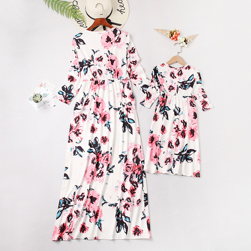 Family Matching Mother Daughter Floral 3/4 Sleeve Maxi Dress Womens Floral Dress 