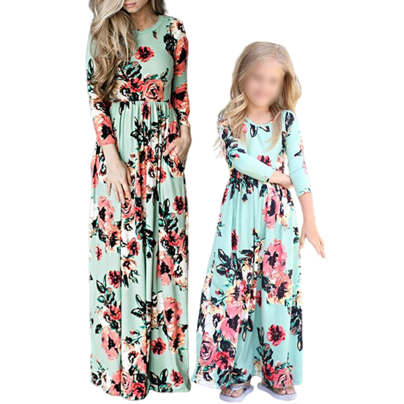 Startview Mother and Daughter Women 3/4 Sleeve Floral Print Dress Family Matching Clothes 