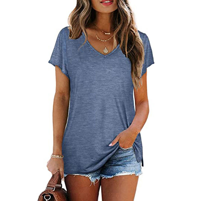 Women Summer Plain Short Sleeve T Shirt Tops Ladies Split Hem